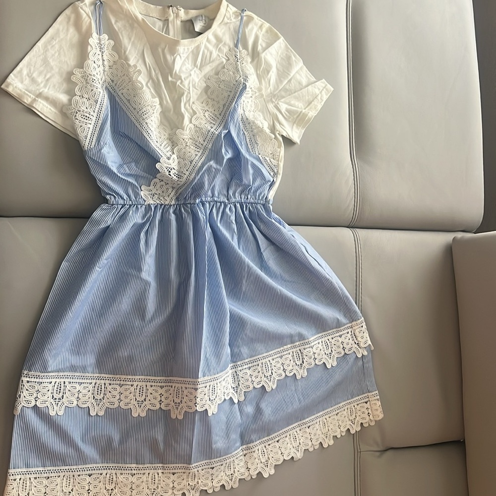 Anthropologie Blue and White Lace-Trim Slip Dress
